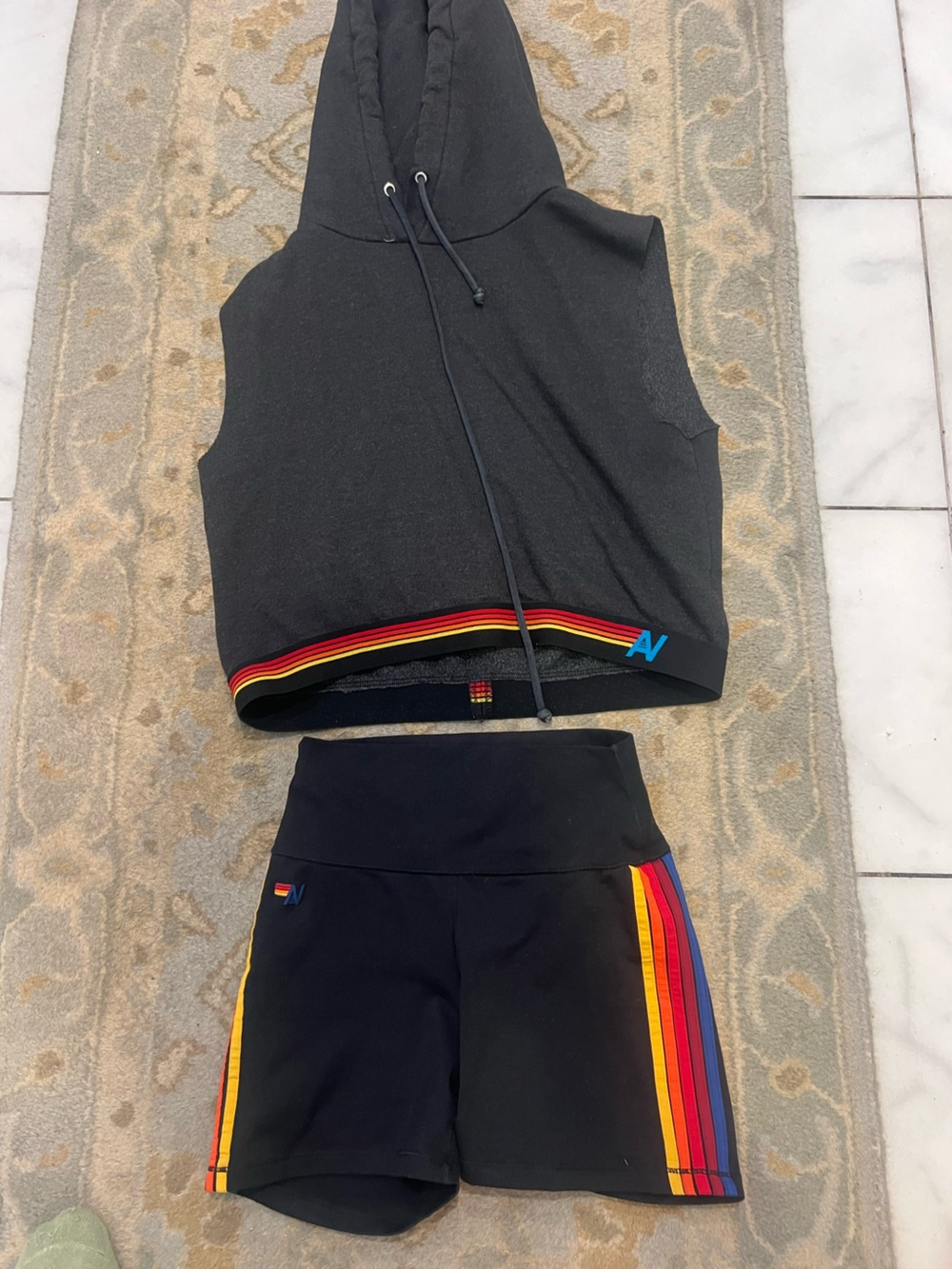 Aviator Nation Black Hooded Crop Tank with Rainbow Stripe & Black Shorts